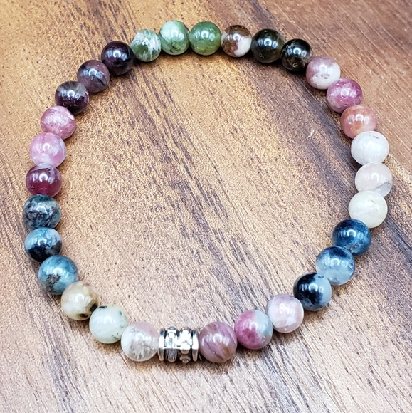SOLD Watermelon Tourmaline & Silver Accent Beads Bracelet - Picture 5 of 11